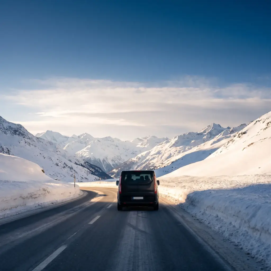 Black private transfer van on a cleared alpine pass road in winter sunlight