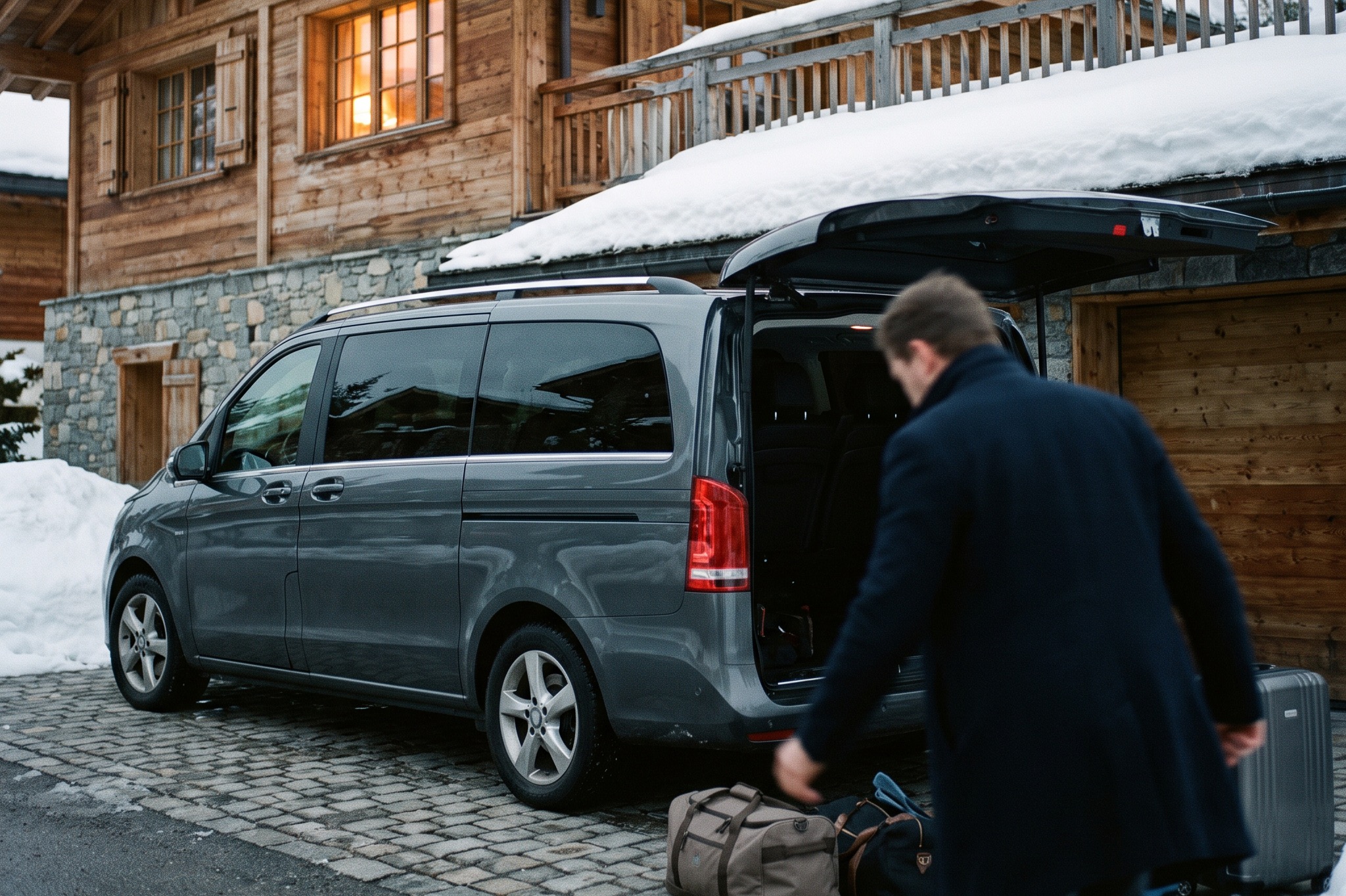 A gray van with its tailgate open outside a snow-covered timber chalet, a man in a dark coat walking toward travel bags and a suitcase on the cobbles beside it